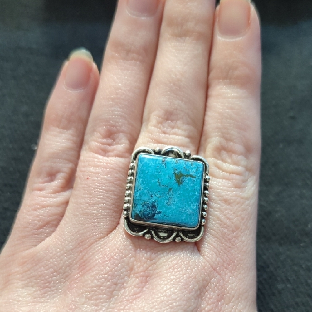 Silver Plated Blue Chocolate Turquoise Gemstone Square Statement Ring - Size 7-9